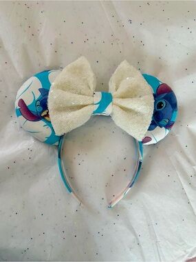 Disney Inspired Blue Stitch Print Minnie Ears Headband with Sequin Bow - NWOT